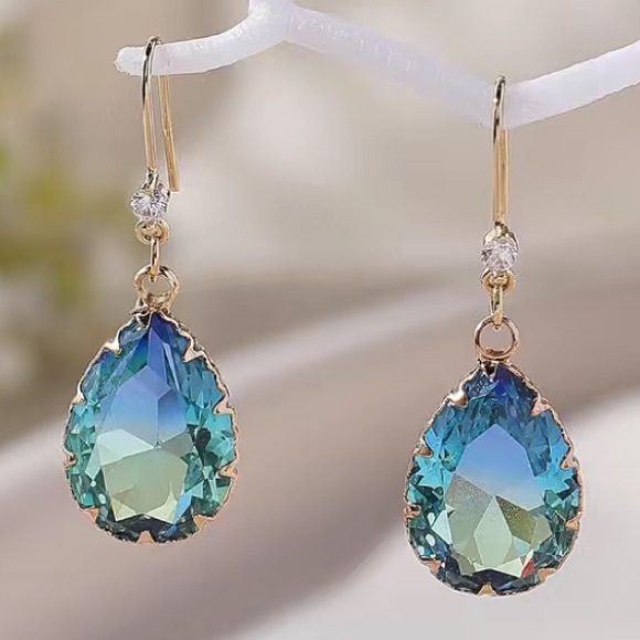 - - Faceted Blue Tourmaline & 18k Gold Plated Earrings 1.5” - Picture 6 of 6